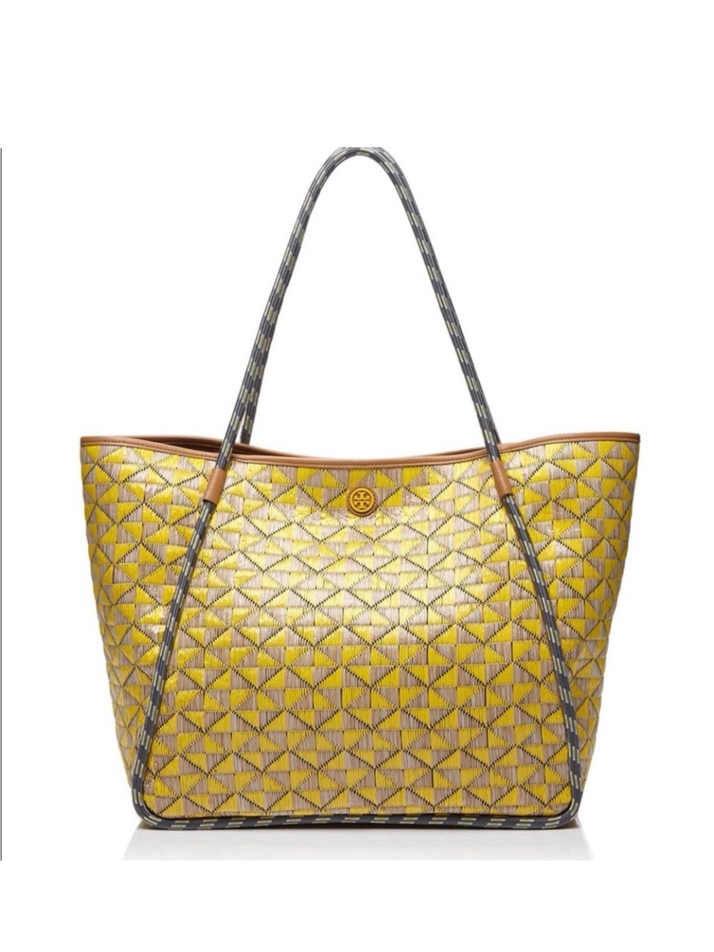Tory Burch Yellow Geometric Pattern Tote with Braided Straps